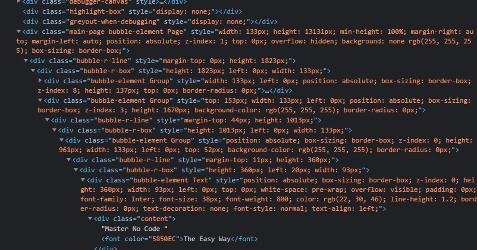 A website in the DOM inspector. There is a large amount of nested `<div data-proofer-ignore>`s, each with one or two classes and then a long `style=` attribute positioning it (often absolutely) on the page, culminating in a `<font>` element in the last row at the lowest level of nesting.